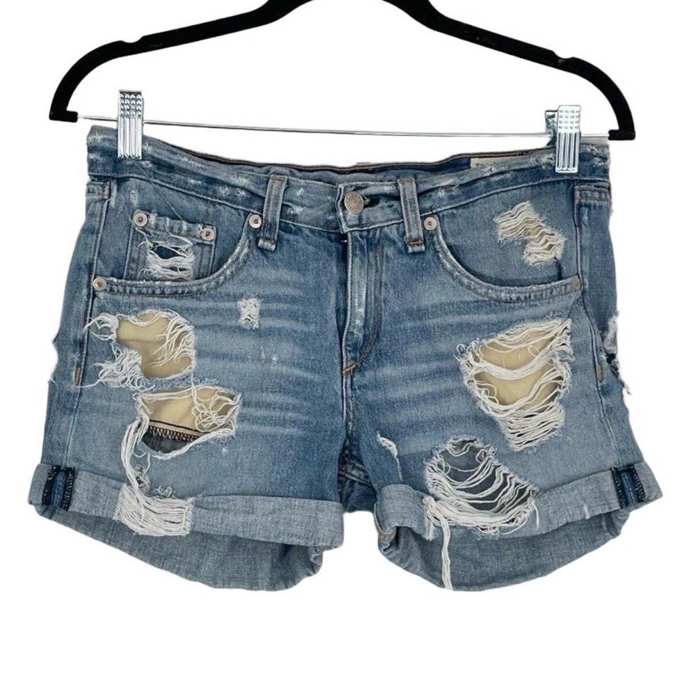 Rag & Bone Women's Blue Heavy Rips Rolled Hem Distressed Denim Shorts Size 24 - Picture 2 of 11